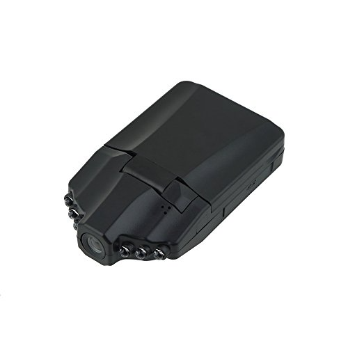 cámara de seguridad para carro instalada en el parabrisas con lente gran angular y pantalla lcd encendida.