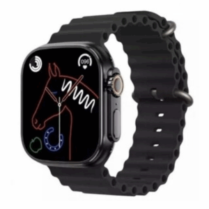 smart watch t900 ultra negro con correa de silicón ondulada mostrando interfaz de llamadas y monitoreo de salud