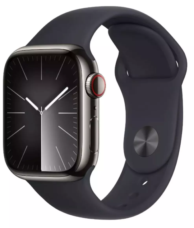 smartwatch serie 9 color negro con pantalla encendida mostrando anillos de actividad y correa deportiva de silicona.