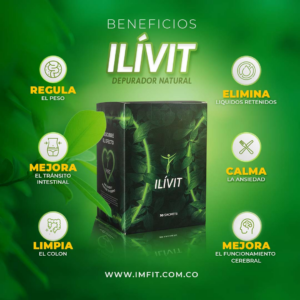 caja de 30 sobres de ILIVIT para el estreñimiento junto a un vaso de agua en un entorno de salud y bienestar.