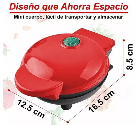 mini waflera eléctrica color rojo con placas antiadherentes en forma de corazón cocinando un waffle dorado.