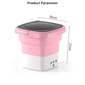 mini lavadora portátil plegable color azul pastel en estado compacto y extendido junto a una canasta de ropa ligera.