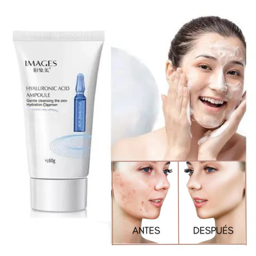 bote de espuma facial blanca con dispensador tipo mousse mostrando la textura suave del jabón con ácido hialurónico sobre un fondo de agua cristalina.