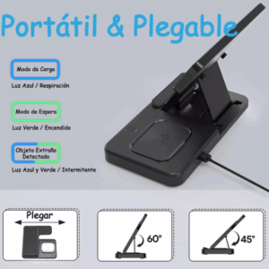 estación de cargador inalámbrico 3 en 1 color negro cargando simultáneamente un iPhone, un Apple Watch y unos AirPods.