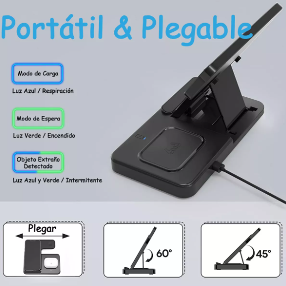 estación de cargador inalámbrico 3 en 1 color negro cargando simultáneamente un iPhone, un Apple Watch y unos AirPods.