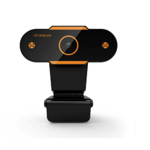 cámara web full hd 1080p negra montada sobre el monitor de una laptop mostrando el lente de cristal y el clip de ajuste