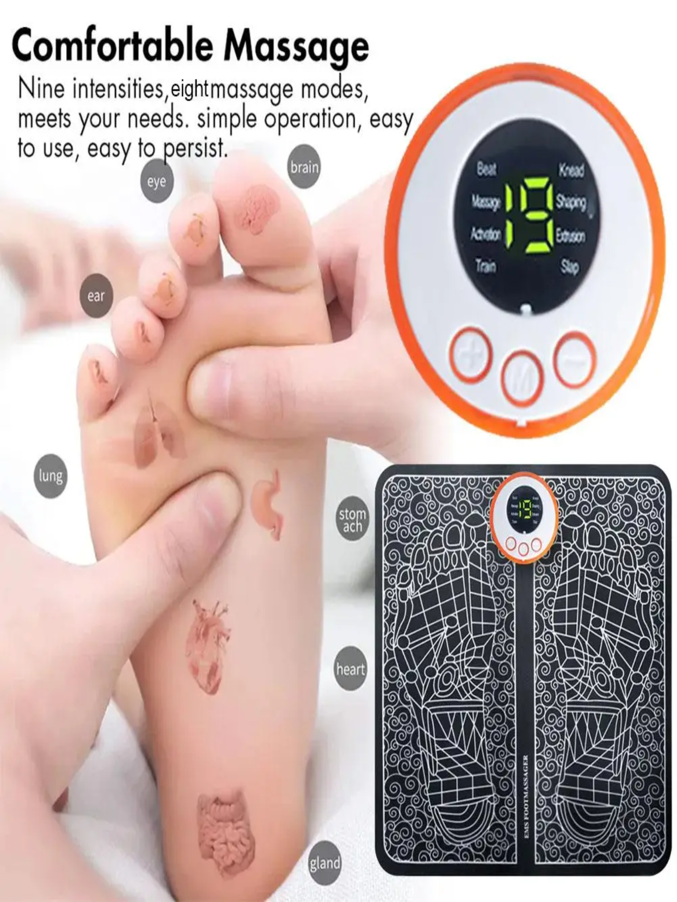 tapete masajeador de pies eléctrico tipo EMS color negro con controles digitales para terapia muscular y alivio de fatiga