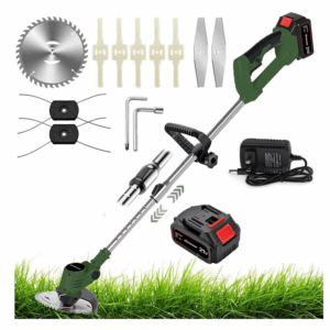 desbrozadora recargable verde con cabezal de corte ajustable y mango ergonómico siendo utilizada en un jardín residencial cuidado.