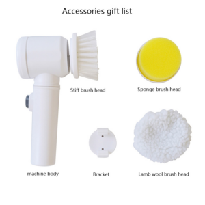 cepillo de limpieza eléctrico blanco de mano con cabezal de cerdas girando para limpiar los azulejos del baño.