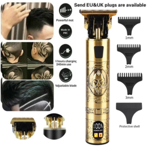 máquina rasuradora grande profesional color plata con palanca de ajuste de cuchilla y peines guía para corte de cabello.