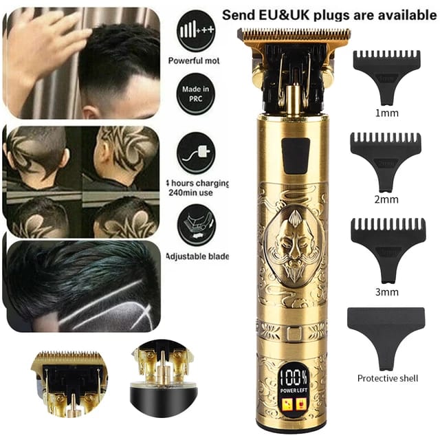 máquina rasuradora grande profesional color plata con palanca de ajuste de cuchilla y peines guía para corte de cabello.