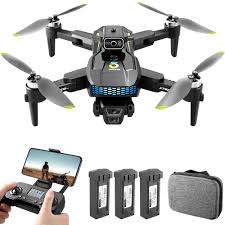 dron cámara dual pro negro plegable con hélices en movimiento y luces led de navegación nocturna.